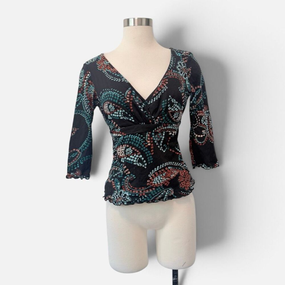Inc International Concepts Black Paisley Y2K Lettuce Blouse Top Medium